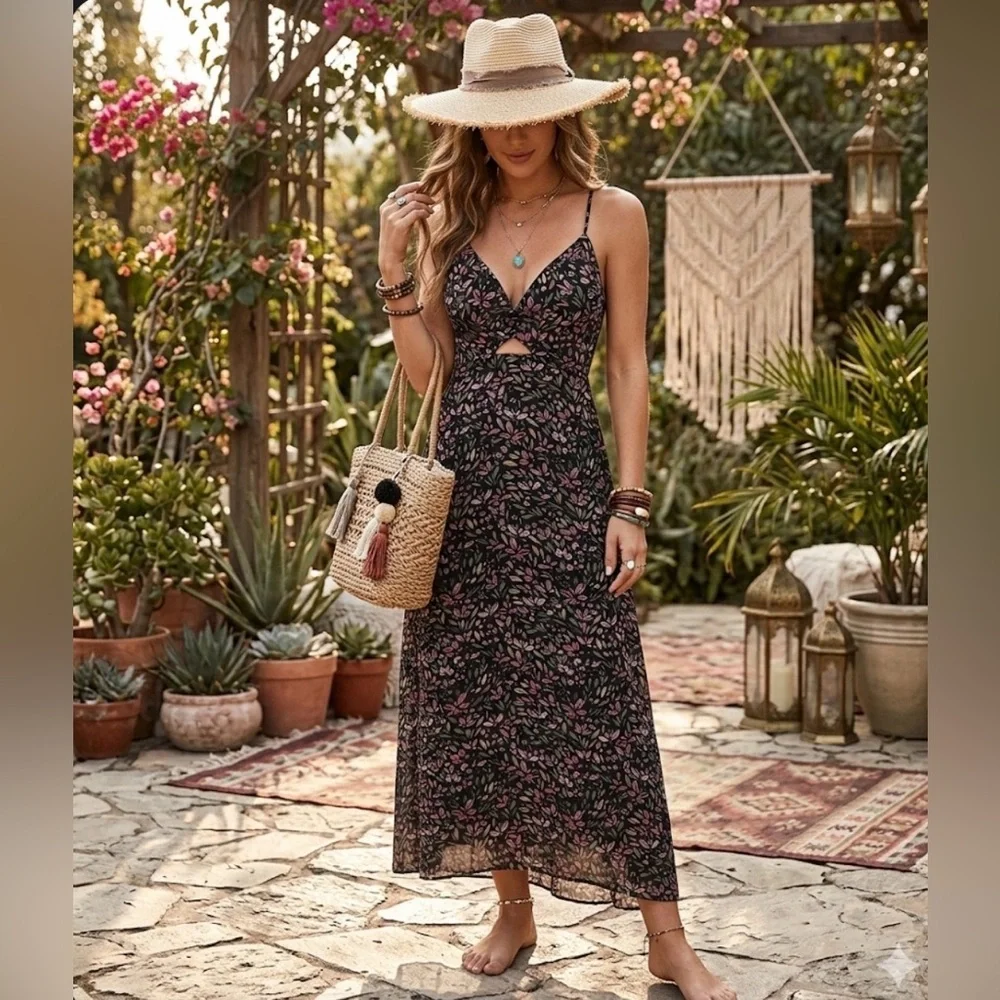 ZAFUL Women's Spaghetti Strap Floral Summer Hollow Twist Front Maxi Dresses Sexy - Picture 3 of 12